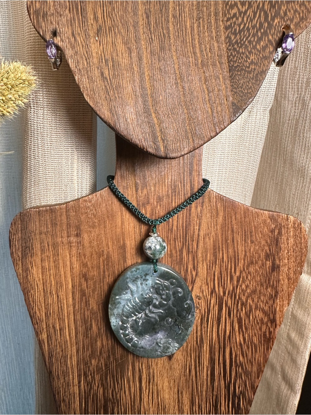 Moss Agate Scorpion Pendant Necklace on Green Rope - Picture 11 of 13